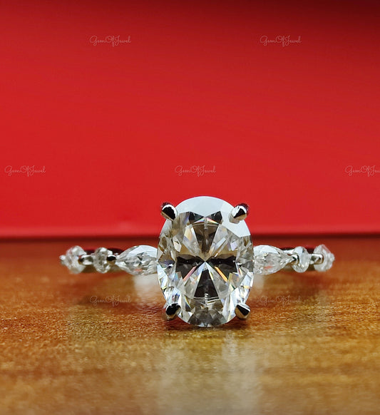 1 CT Oval Cut Moissanite Diamond With Side Round And Marquise Moissanite Diamonds Gold Engagement Ring , Oval Moissanite Ring For Her