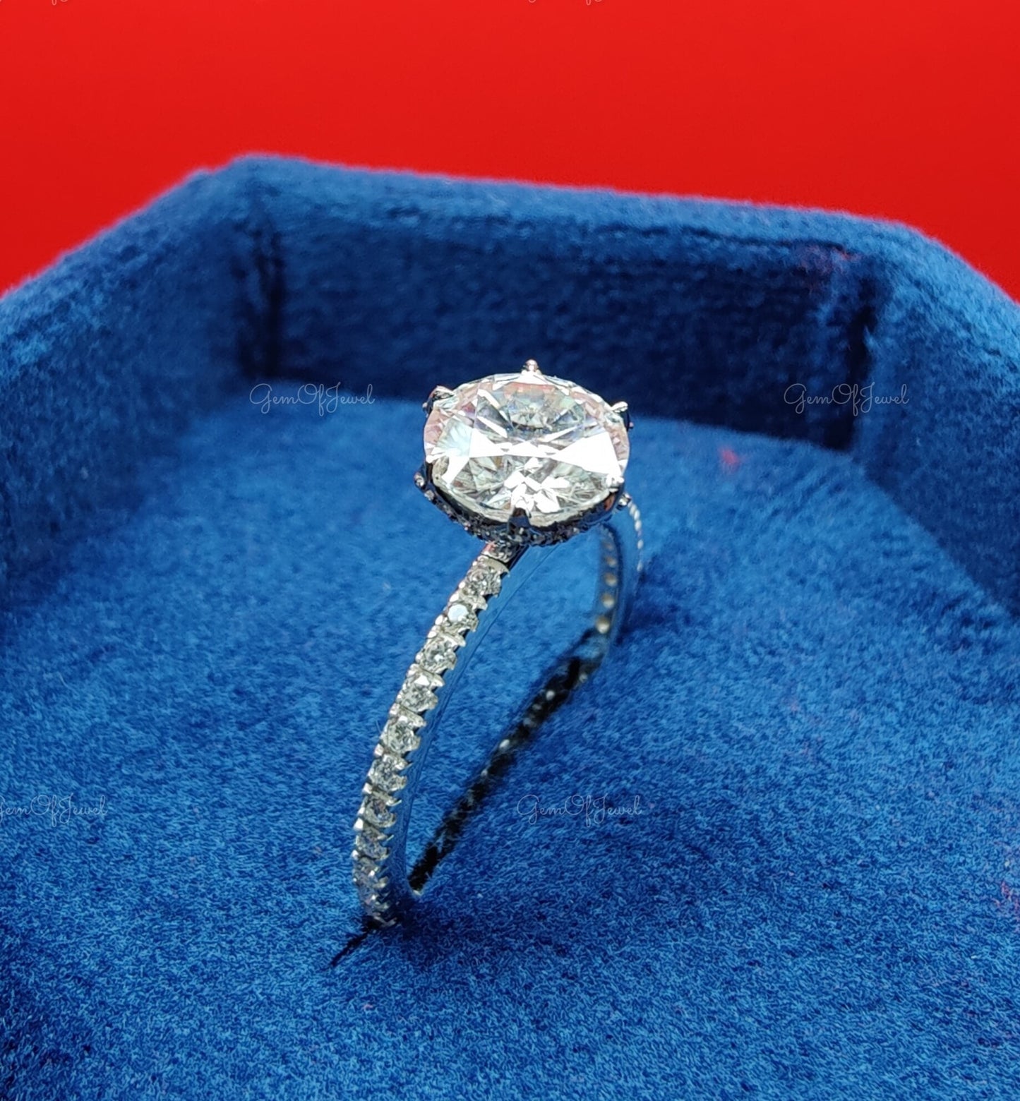 Round Cut Moissanite Diamond 2CT Ring Engagement Ring With Petal Prong and Side Moissanite Diamonds Ring With Diamonds On band Ring For Her