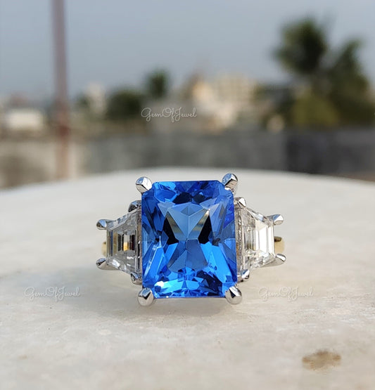 Topaz Ring Aquamarine Radiant Cut Engagement Ring For Her, Topaz Gold Ring, Aquamarine Lab Simulated Diamond Ring, Two Tone Gold Ring