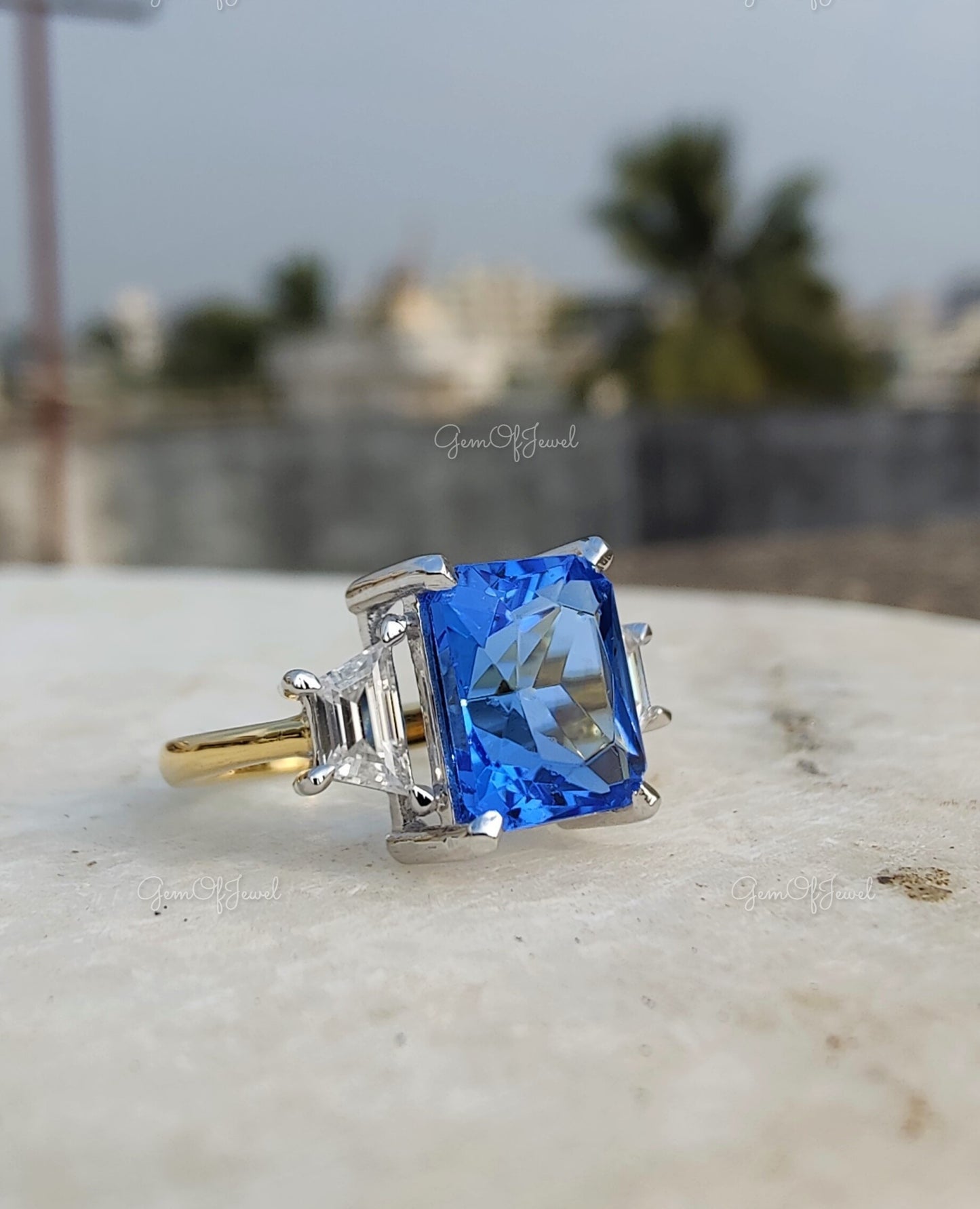 Topaz Ring Aquamarine Radiant Cut Engagement Ring For Her, Topaz Gold Ring, Aquamarine Lab Simulated Diamond Ring, Two Tone Gold Ring