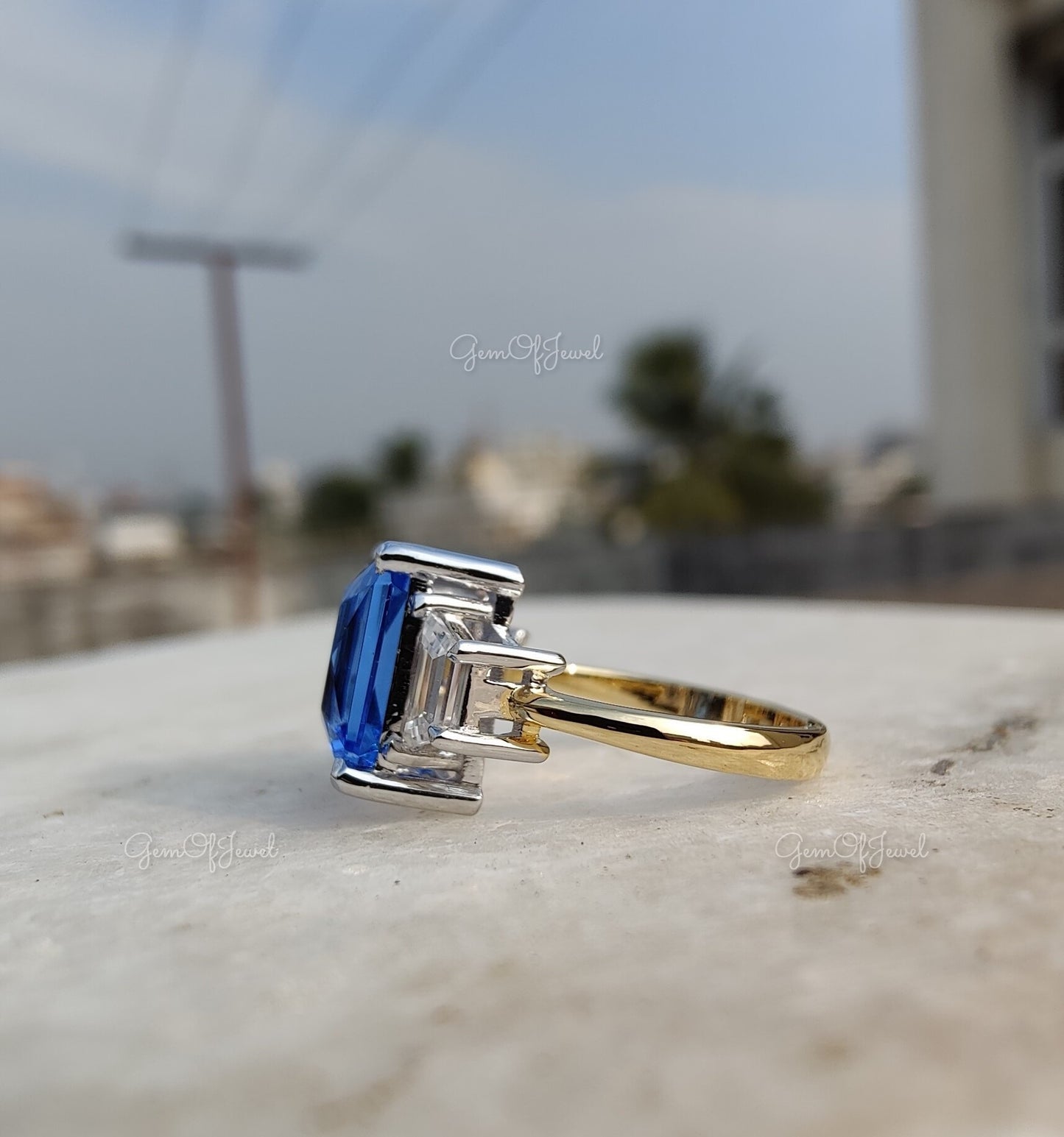 Topaz Ring Aquamarine Radiant Cut Engagement Ring For Her, Topaz Gold Ring, Aquamarine Lab Simulated Diamond Ring, Two Tone Gold Ring