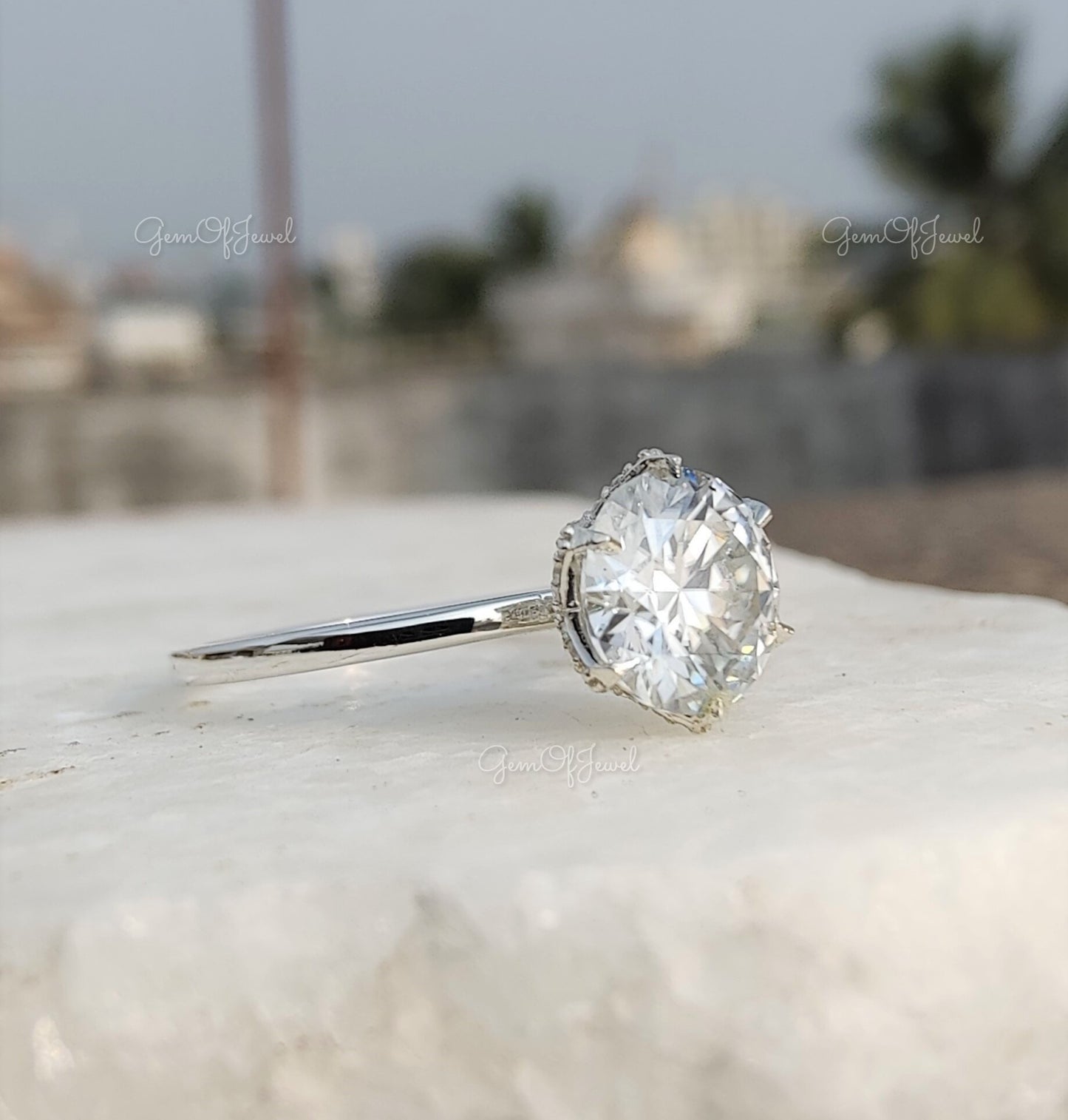 Round Moissanite Diamond Engagement Ring Round Diamond With Under Petal Tulip Prongs Wedding Ring For Her, Moissanite Engagement Ring Gift
