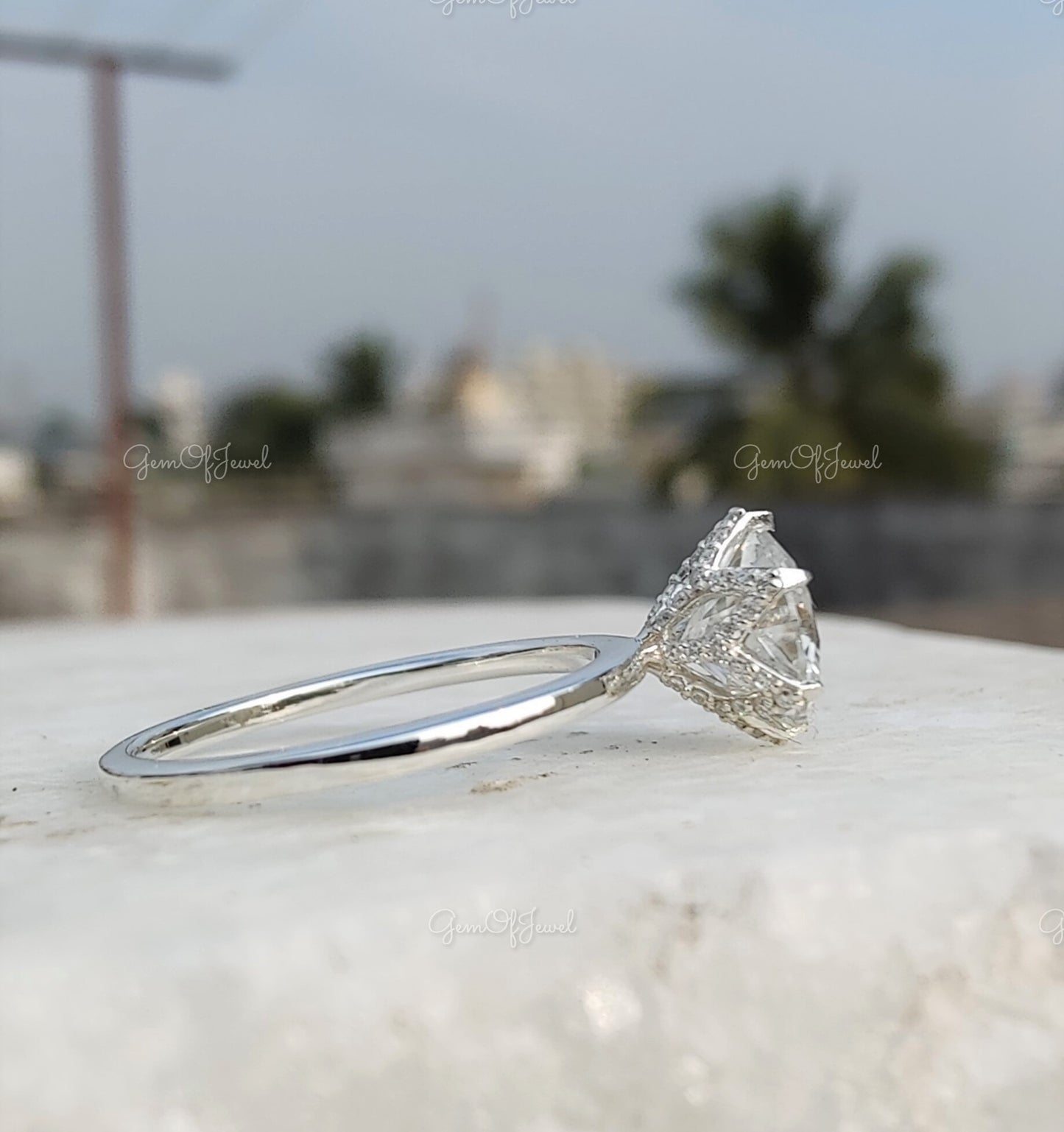 Round Moissanite Diamond Engagement Ring Round Diamond With Under Petal Tulip Prongs Wedding Ring For Her, Moissanite Engagement Ring Gift