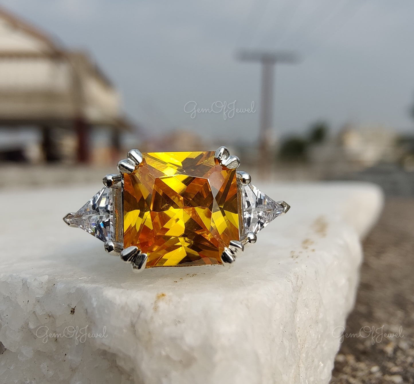 Yellow Sapphire Diamond Ring Square Radiant Shape Three Stone Ring With Side Triangle Diamond Gold Ring Gift For Her Or Engagement Ring