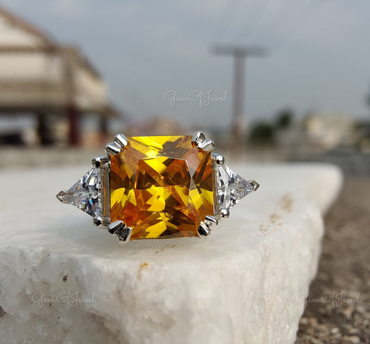 Yellow Sapphire Diamond Ring Square Radiant Shape Three Stone Ring With Side Triangle Diamond Gold Ring Gift For Her Or Engagement Ring