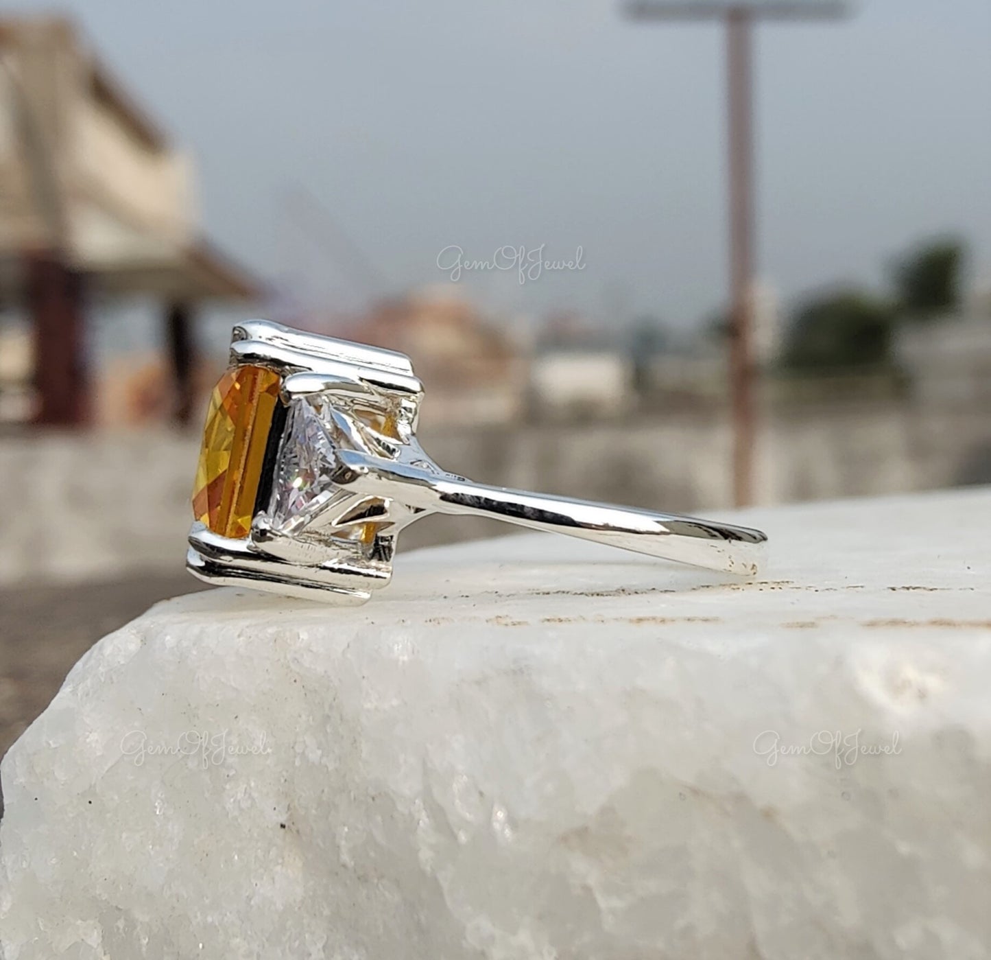 Yellow Sapphire Diamond Ring Square Radiant Shape Three Stone Ring With Side Triangle Diamond Gold Ring Gift For Her Or Engagement Ring