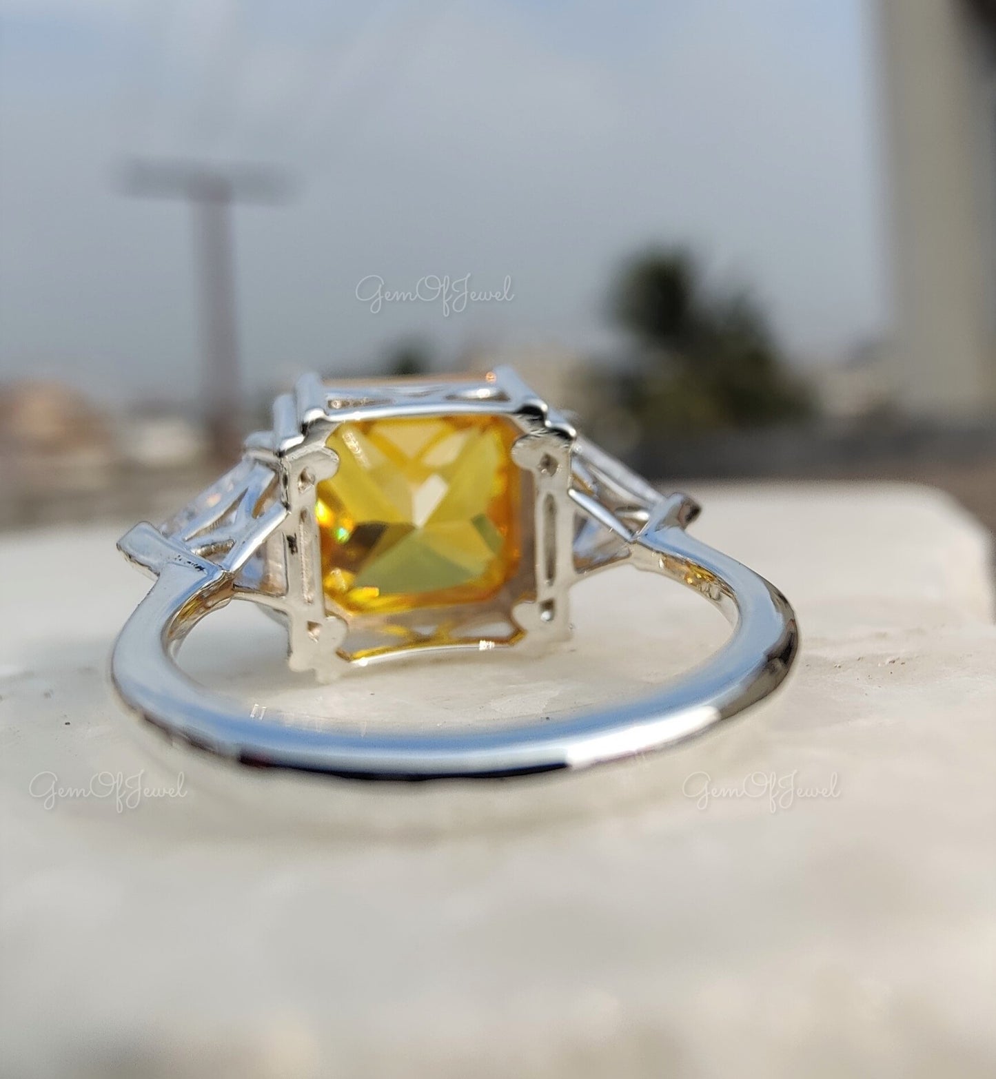 Yellow Sapphire Diamond Ring Square Radiant Shape Three Stone Ring With Side Triangle Diamond Gold Ring Gift For Her Or Engagement Ring
