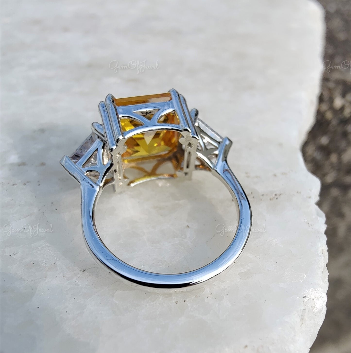 Yellow Sapphire Diamond Ring Square Radiant Shape Three Stone Ring With Side Triangle Diamond Gold Ring Gift For Her Or Engagement Ring