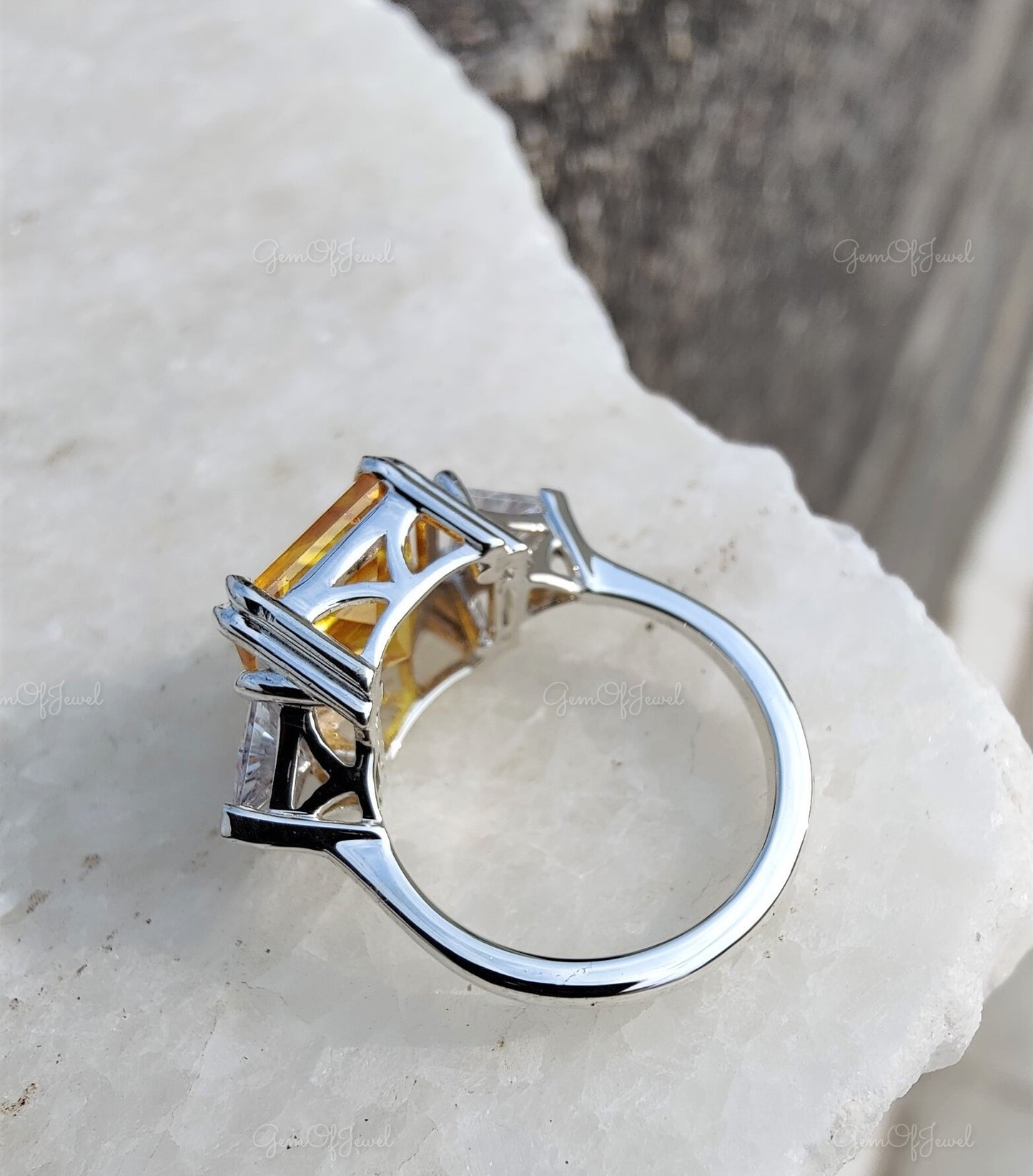 Yellow Sapphire Diamond Ring Square Radiant Shape Three Stone Ring With Side Triangle Diamond Gold Ring Gift For Her Or Engagement Ring