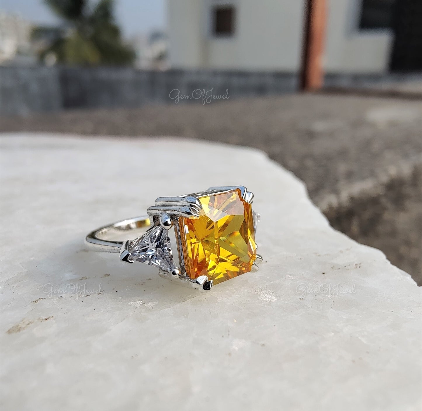 Yellow Sapphire Diamond Ring Square Radiant Shape Three Stone Ring With Side Triangle Diamond Gold Ring Gift For Her Or Engagement Ring