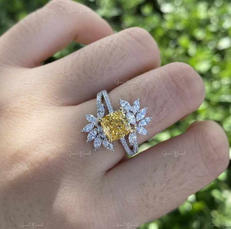 Flower Shape Yellow Sapphire Cushion Cut Simulated Stone With Halo Of Marquise Moissanite Diamond Unique Band ,Marquise Moissanite Diamond
