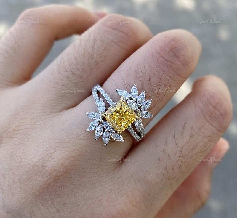 Flower Shape Yellow Sapphire Cushion Cut Simulated Stone With Halo Of Marquise Moissanite Diamond Unique Band ,Marquise Moissanite Diamond