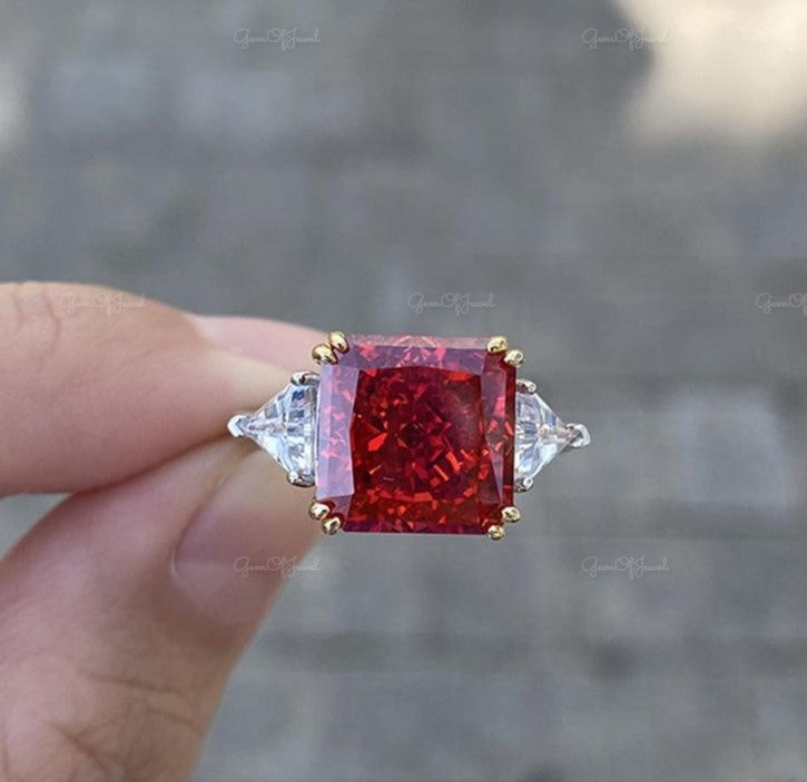 Ruby Stone Square Radiant Cut Three Stone Ring With Side Triangle Moissanite Diamond Gold Ring Gift For Her Engagement Ring, Red Ruby Stone