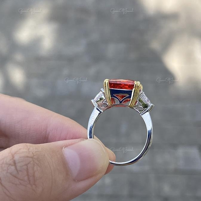 Ruby Stone Square Radiant Cut Three Stone Ring With Side Triangle Moissanite Diamond Gold Ring Gift For Her Engagement Ring, Red Ruby Stone