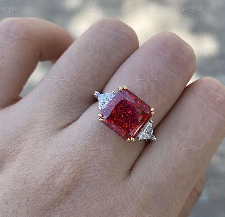 Ruby Stone Square Radiant Cut Three Stone Ring With Side Triangle Moissanite Diamond Gold Ring Gift For Her Engagement Ring, Red Ruby Stone