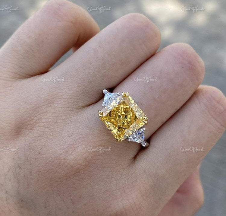 Radiant Cut Square Yellow Sapphire Stone Three Stone Ring With Side Triangle Moissanite Diamond Gold Ring Gift For Her Or Engagement Ring