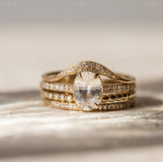 Oval Moissanite Diamond 1.2 ct With Three Stackable bands Of Round Moissanite diamond Band With 3/4th Eternity Engagement Ring And Band Set