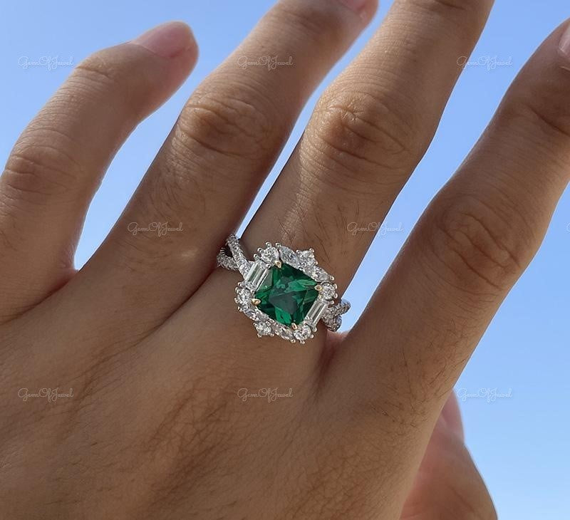 Emerald Princess Diamond Green Diamond Princess Ring, Princess Cut Cluster Diamond Engagement Ring For Her, Green Emerald Cut Diamond Ring