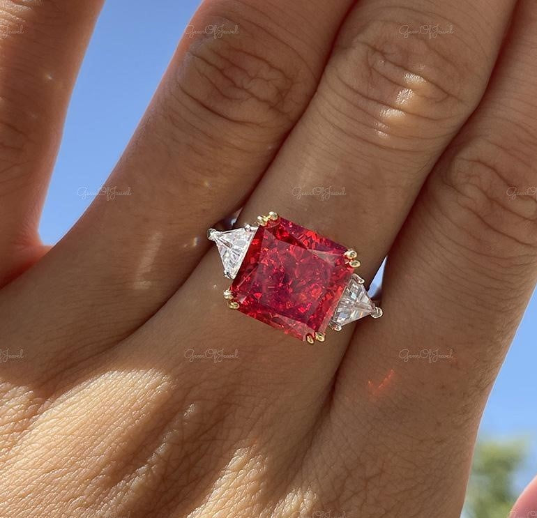 Ruby Stone Square Radiant Cut Three Stone Ring With Side Triangle Moissanite Diamond Gold Ring Gift For Her Engagement Ring, Red Ruby Stone