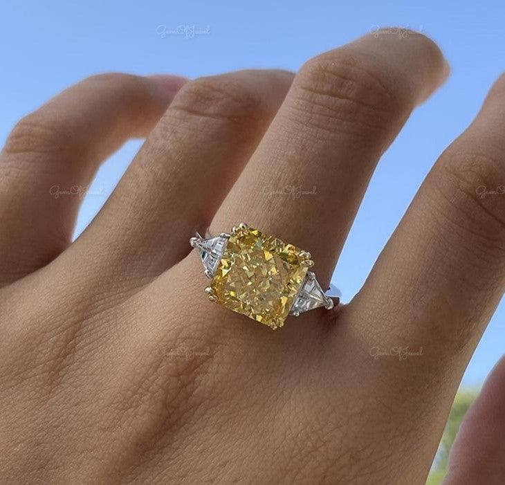 Radiant Cut Square Yellow Sapphire Stone Three Stone Ring With Side Triangle Moissanite Diamond Gold Ring Gift For Her Or Engagement Ring