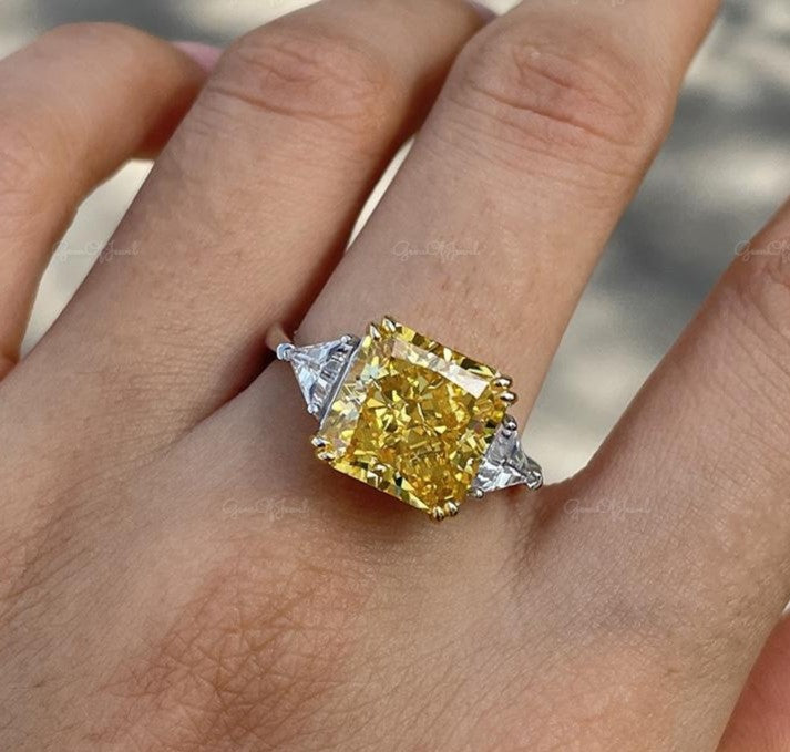Radiant Cut Square Yellow Sapphire Stone Three Stone Ring With Side Triangle Moissanite Diamond Gold Ring Gift For Her Or Engagement Ring