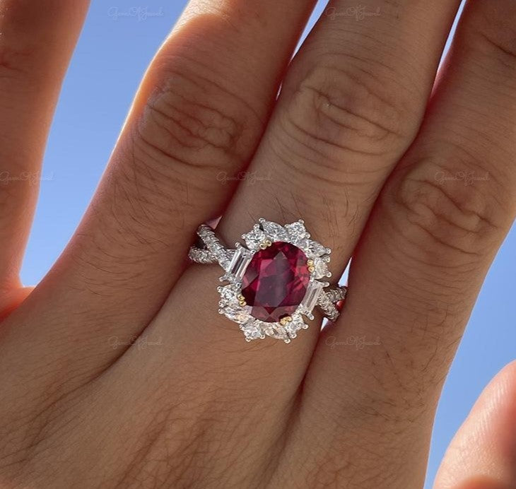 Ruby Stone Oval Cut Ring, Oval Shape Twist Shank Ruby Stone Engagement Ring For Her, Red Ruby Ring Diamond With Side Moissanite Diamond Ring