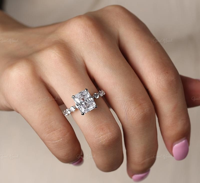 Radiant Cut Moissanite Diamond With Halo And Floating Bubble Band Of Round Moissanite, Radiant Moissanite Diamond Ring, Floating Bubble Band