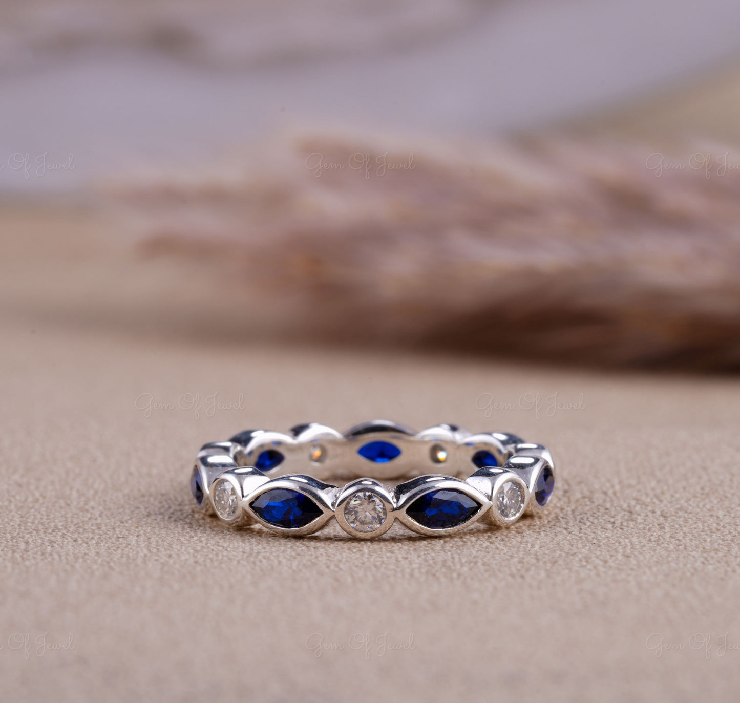 Round Moissanite Diamond Full Eternity Bubble Band With Marquise Blue Sapphire Lab Diamond Bezel Set Wedding Band, Blue Sapphire Band