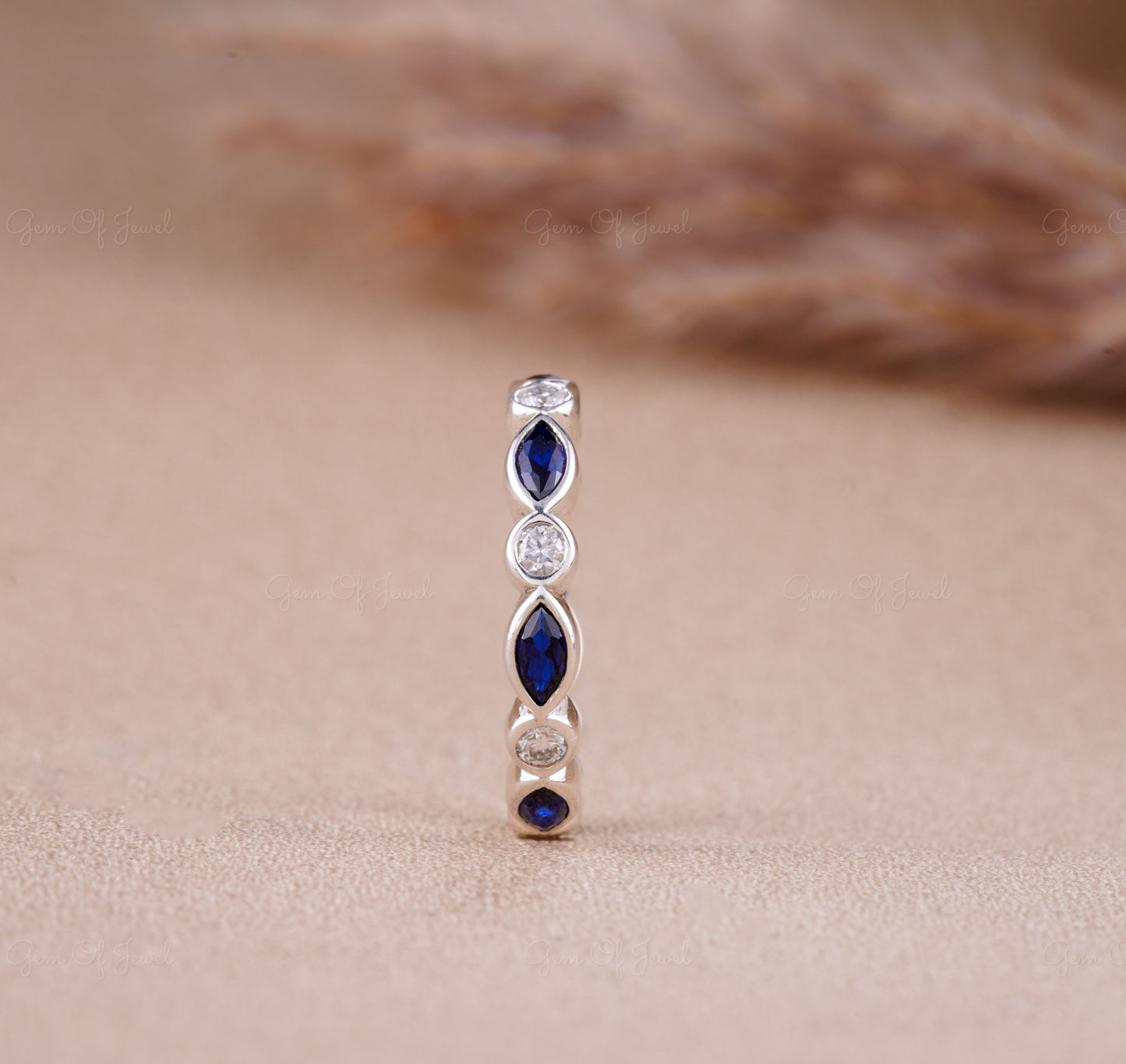 Round Moissanite Diamond Full Eternity Bubble Band With Marquise Blue Sapphire Lab Diamond Bezel Set Wedding Band, Blue Sapphire Band