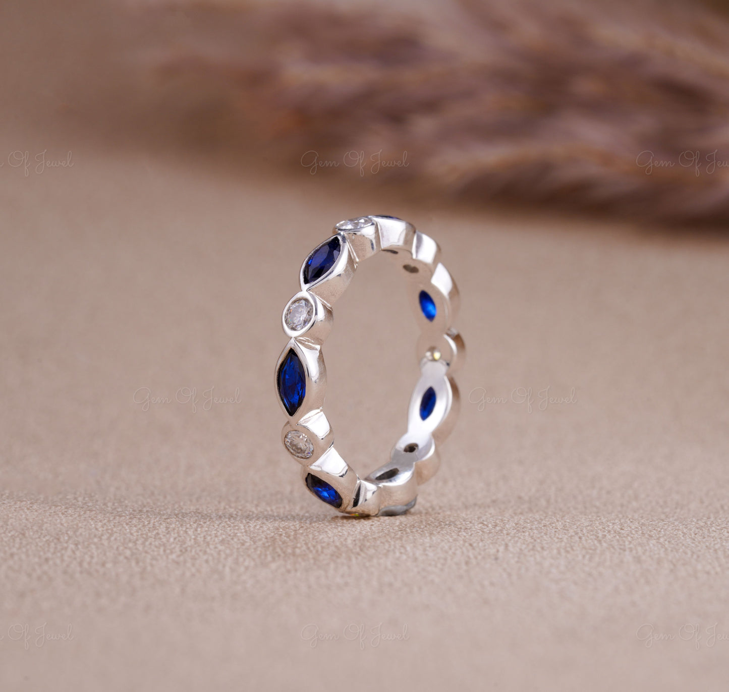 Round Moissanite Diamond Full Eternity Bubble Band With Marquise Blue Sapphire Lab Diamond Bezel Set Wedding Band, Blue Sapphire Band