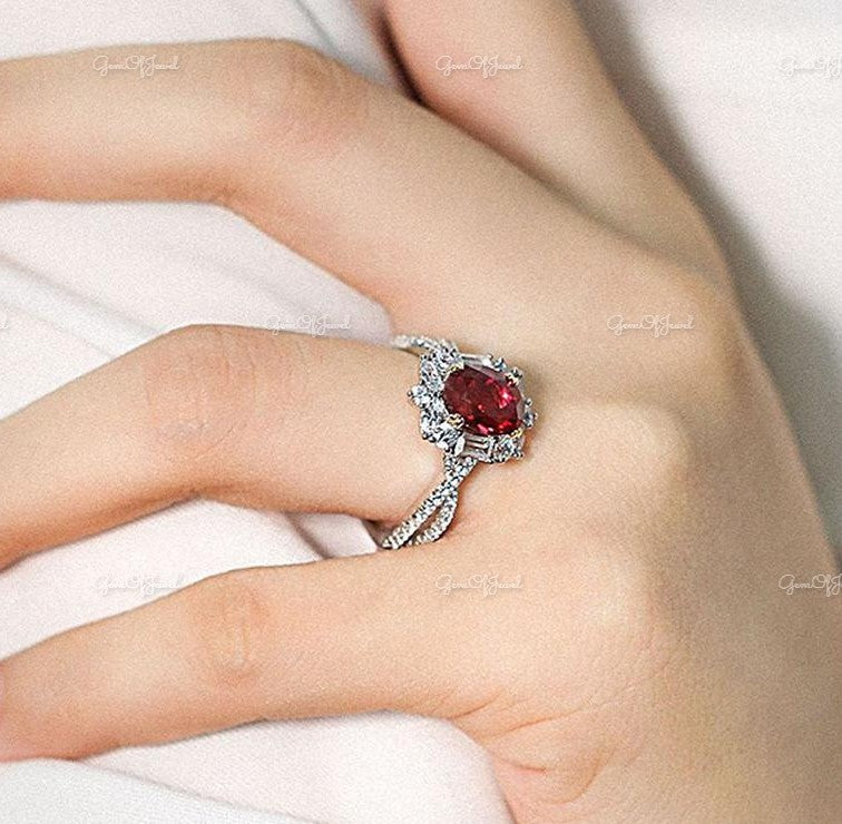 Ruby Stone Oval Cut Ring, Oval Shape Twist Shank Ruby Stone Engagement Ring For Her, Red Ruby Ring Diamond With Side Moissanite Diamond Ring