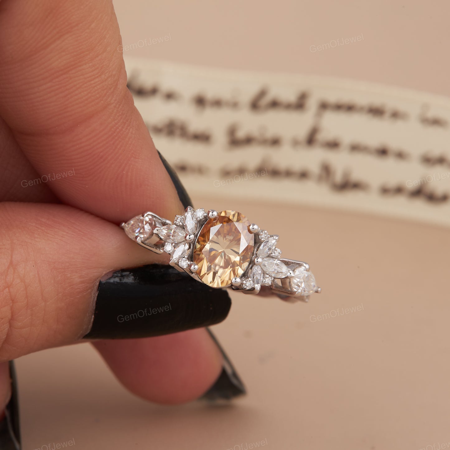 1.50 CT Champagne Moissanite Diamond Oval Ring, Pear And Round Cut Moissanite Engagement Ring, Twisted Band, Marquise Unique Wedding Ring,