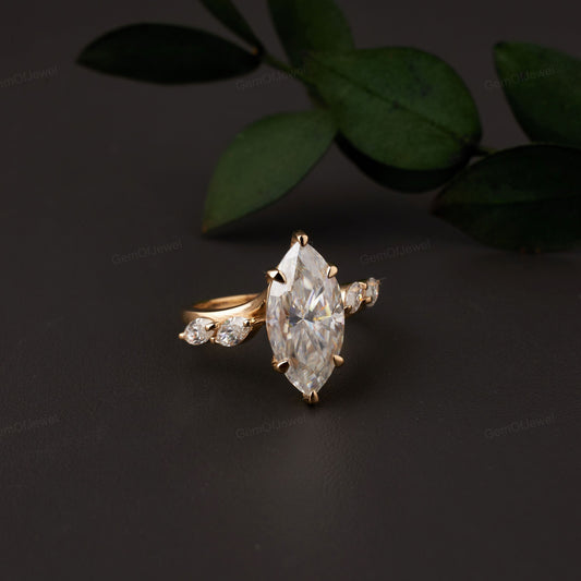 Vintage Marquise Cut Moissanite Engagement Ring, Unique Wave Shape Band Ring, Marquise Cut Accents Ring, 14K Gold Claw Prong Wedding Ring,