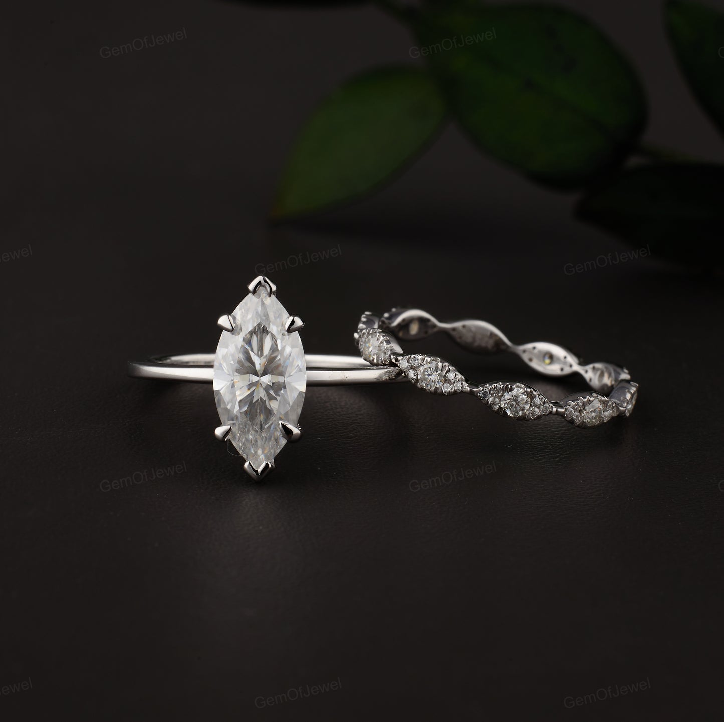 Vintage Style 1.15 CT Marquise Cut Moissanite Muse Engagement Ring with Stackable Milgrain Wedding Band, Bridal Set, Anniversary Ring Gift