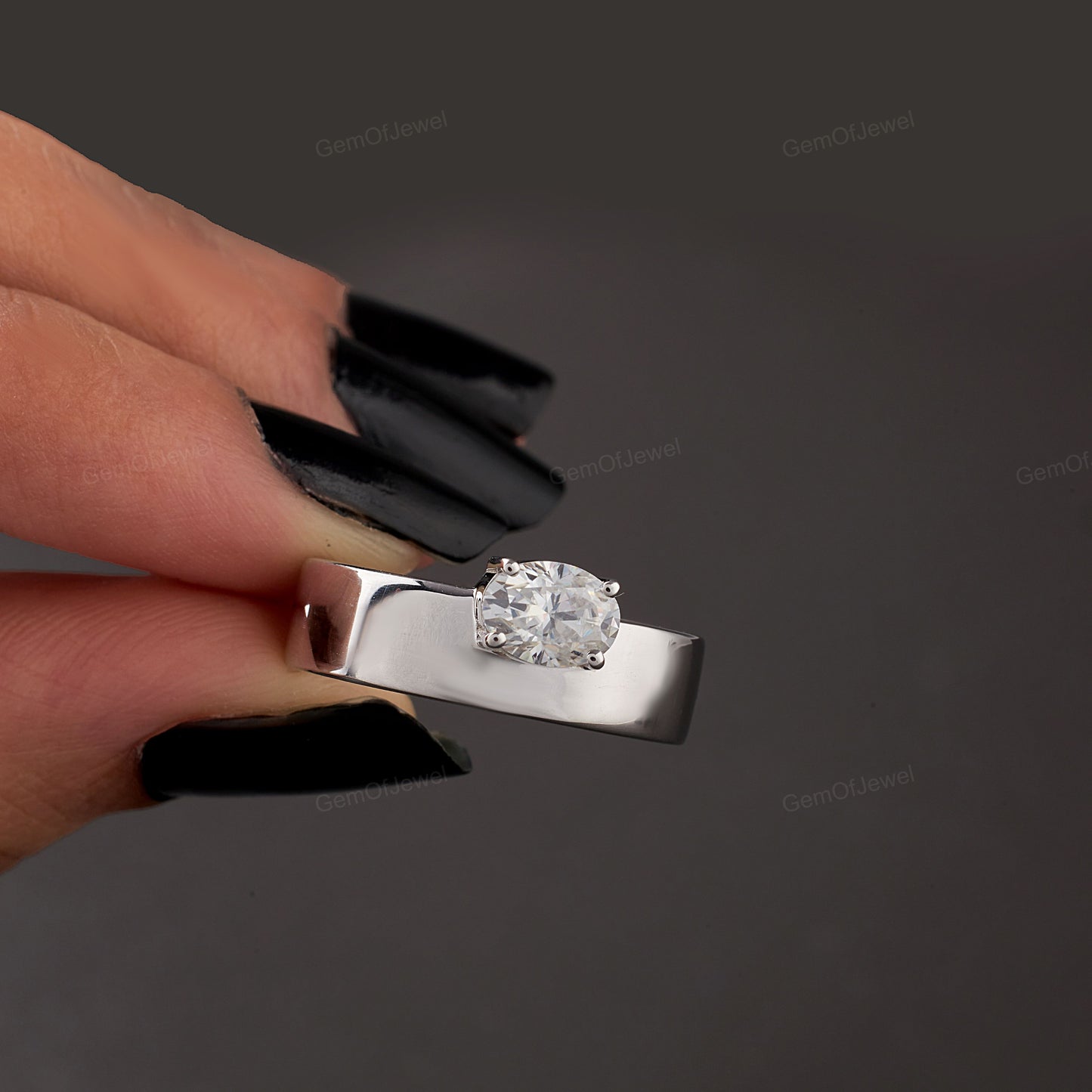 Oval Moissanite Engagement Ring, East West Setting Moissanite Ring Thick Plain Band Ring, 6mm Width Band Ring, Oval Moissanite Classic Ring