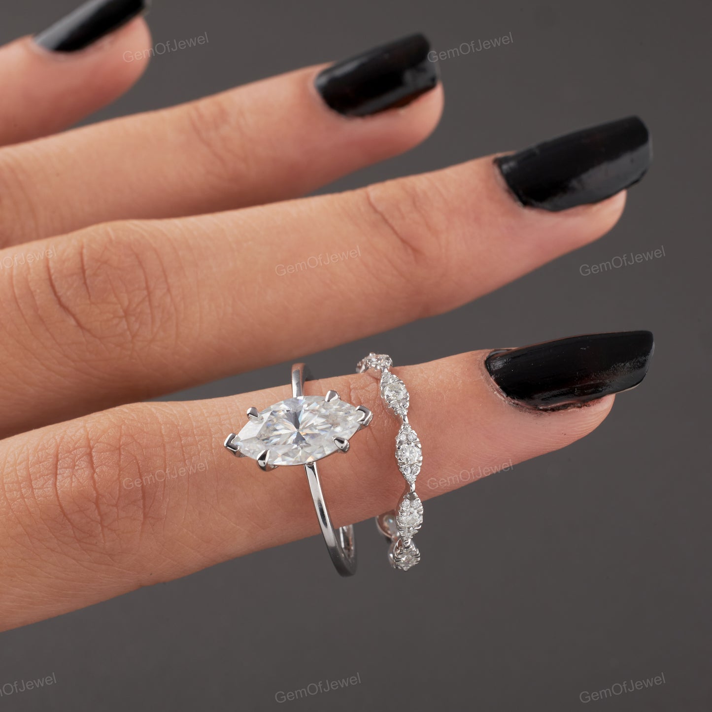 Vintage Style 1.15 CT Marquise Cut Moissanite Muse Engagement Ring with Stackable Milgrain Wedding Band, Bridal Set, Anniversary Ring Gift