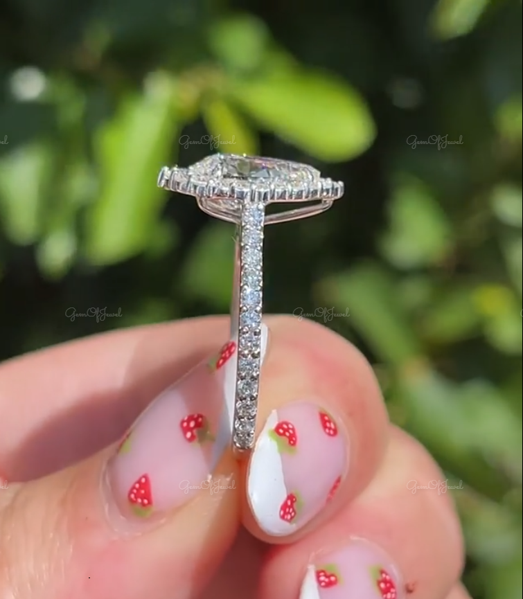 Pear Moissanite Diamond With Round Moissanite Diamond Halo Unique Halo Diamond Ring For Her, Pear Moissanite Ring For Her, Pear Diamond Ring