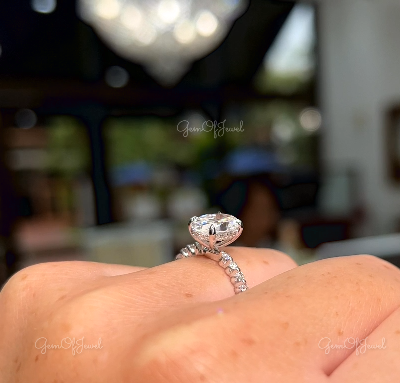 Oval Moissanite Diamond With Floating Bubble Eternity And Halo of Round Moissanite Diamond, 2CT Oval Diamond Ring With Floating Pave Band