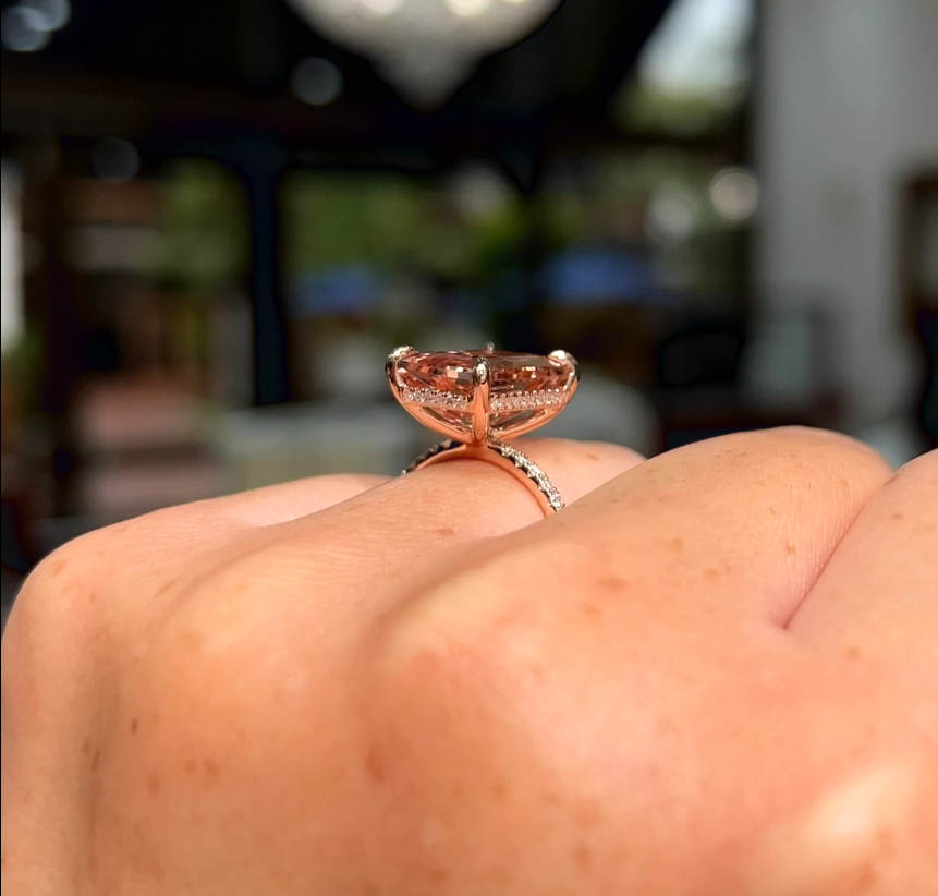 Emerald Cut Morganite Diamond Halo Ring, Morganite Diamond Ring, Emerald Cut Morganite Diamond Engagement Ring For Her, Morganite Stone Ring