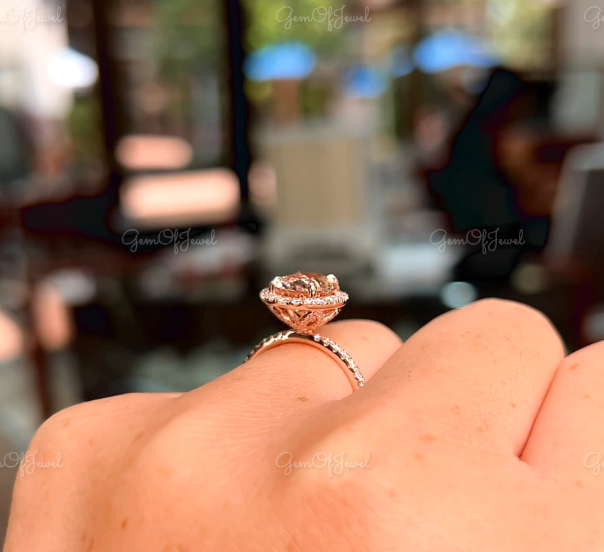 Oval Cut Morganite Diamond Halo Ring, Lotus Prong Morganite Diamond Ring, Petal Prong Oval Cut Morganite Diamond Ring, Morganite Stone Ring