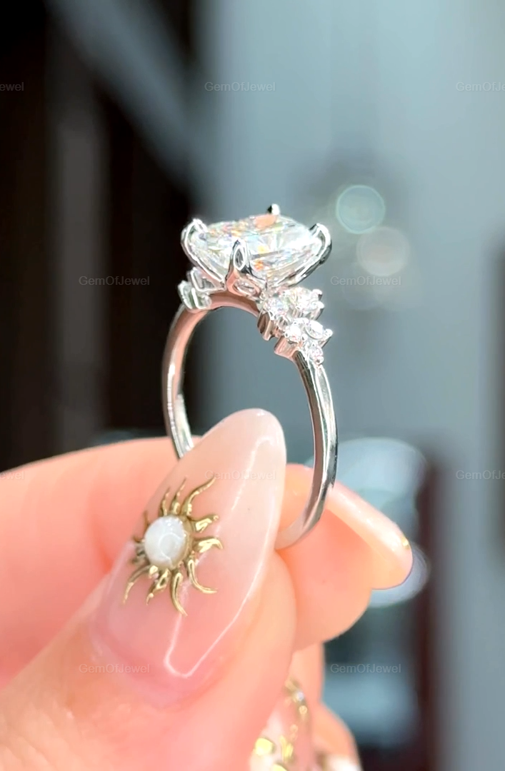 2CT Elongated Cushion Moissanite Engagement Ring, Cushion Moissanite Ring with Side Round Diamond Cluster Ring For Her, Wedding Gift For Her