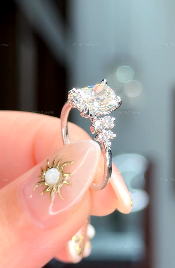 2CT Elongated Cushion Moissanite Engagement Ring, Cushion Moissanite Ring with Side Round Diamond Cluster Ring For Her, Wedding Gift For Her