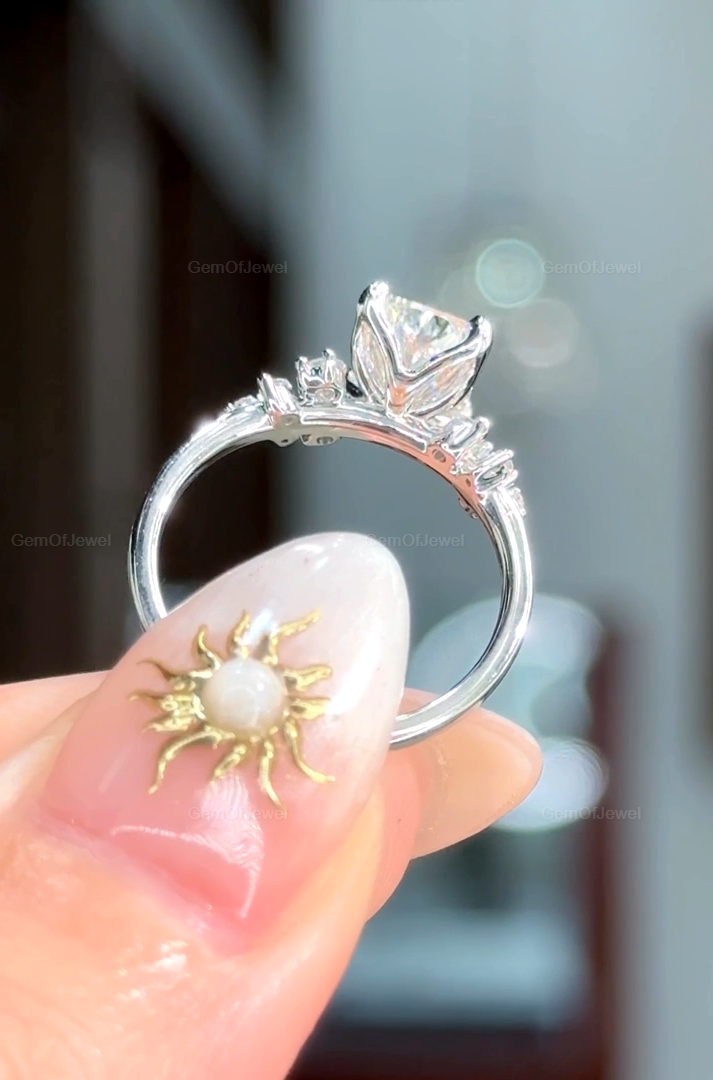 2CT Elongated Cushion Moissanite Engagement Ring, Cushion Moissanite Ring with Side Round Diamond Cluster Ring For Her, Wedding Gift For Her