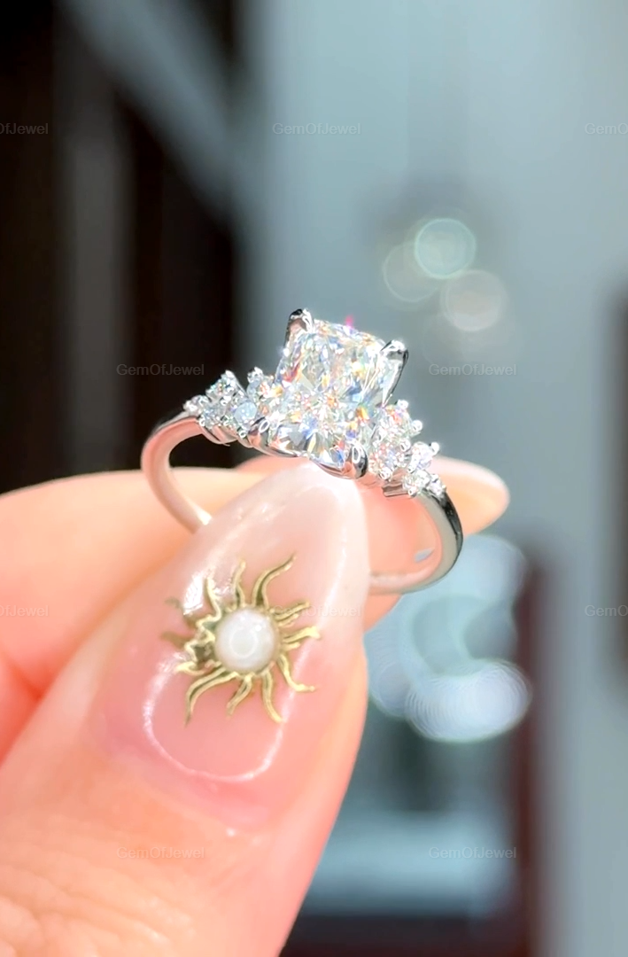 2CT Elongated Cushion Moissanite Engagement Ring, Cushion Moissanite Ring with Side Round Diamond Cluster Ring For Her, Wedding Gift For Her