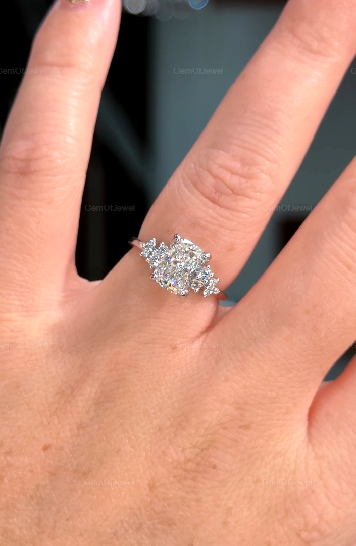 2CT Elongated Cushion Moissanite Engagement Ring, Cushion Moissanite Ring with Side Round Diamond Cluster Ring For Her, Wedding Gift For Her