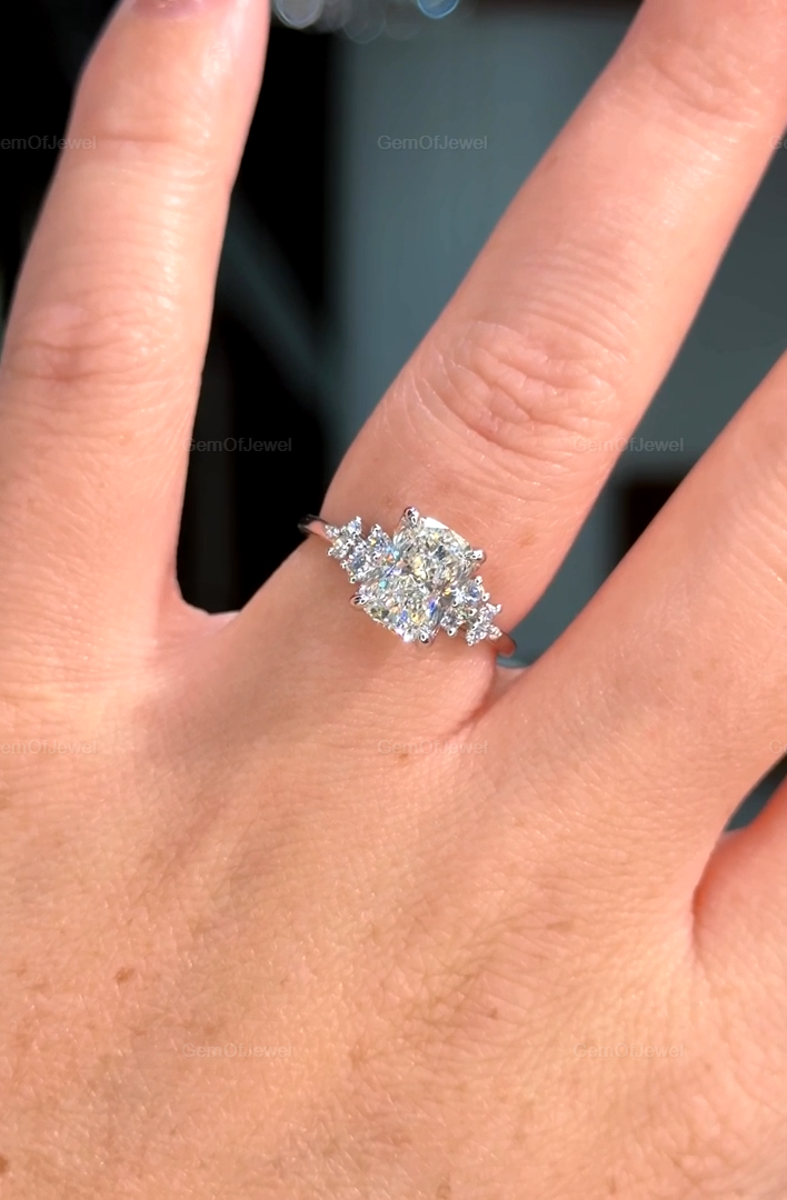2CT Elongated Cushion Moissanite Engagement Ring, Cushion Moissanite Ring with Side Round Diamond Cluster Ring For Her, Wedding Gift For Her
