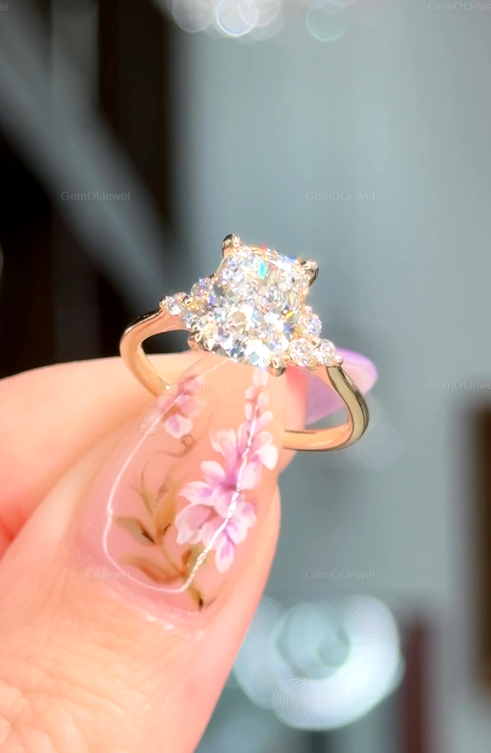 Cushion Engagement Ring, 2CT Cushion Colorless Moissanite Ring, Side Round Colorless Moissanite, Proposal Wedding Ring, Cushion Diamond Ring