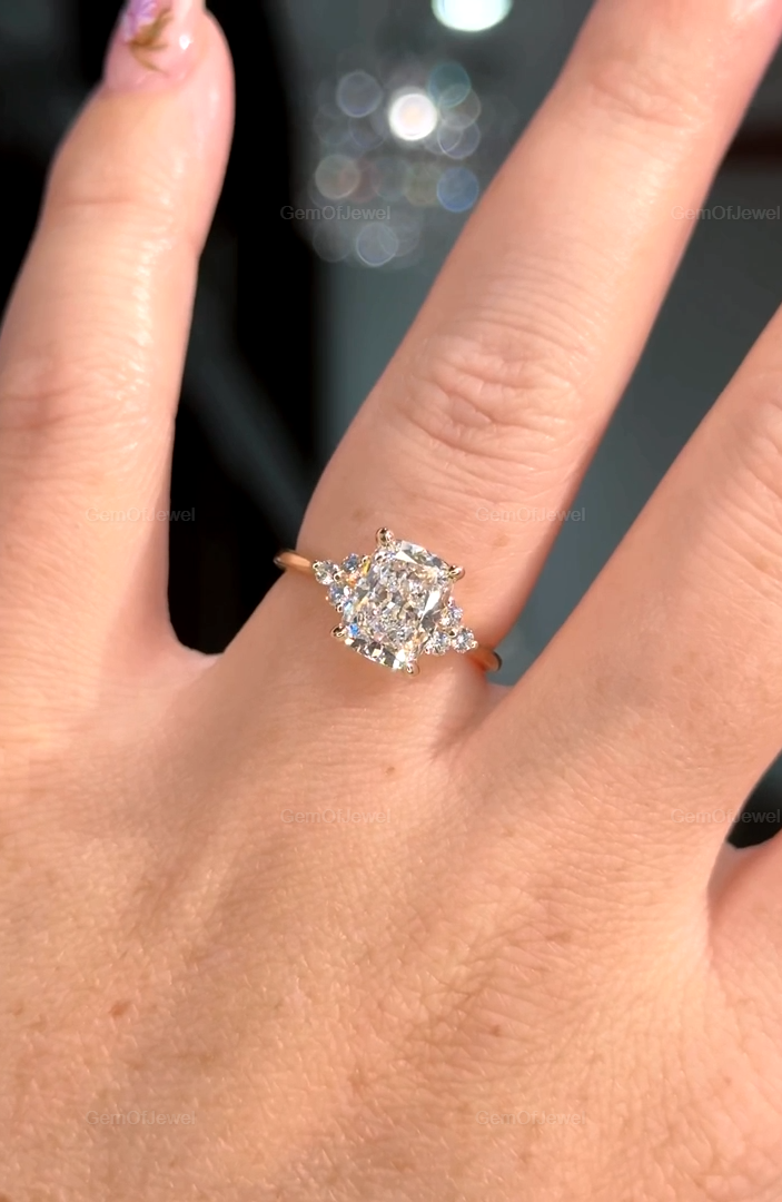 Cushion Engagement Ring, 2CT Cushion Colorless Moissanite Ring, Side Round Colorless Moissanite, Proposal Wedding Ring, Cushion Diamond Ring