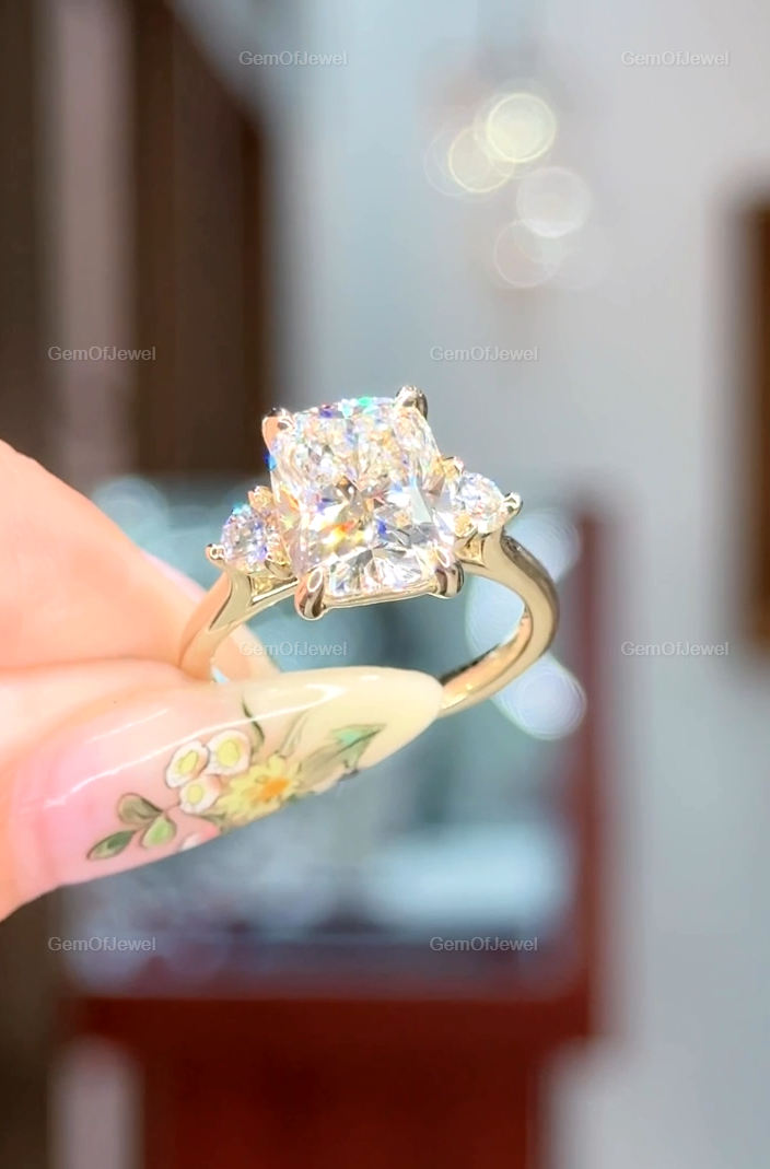 4CT Cushion Elongated Moissanite Three Stone Engagement Ring, Cushion Moissanite DIamond Ring, Wedding Ring With Side Round Moissanite Ring