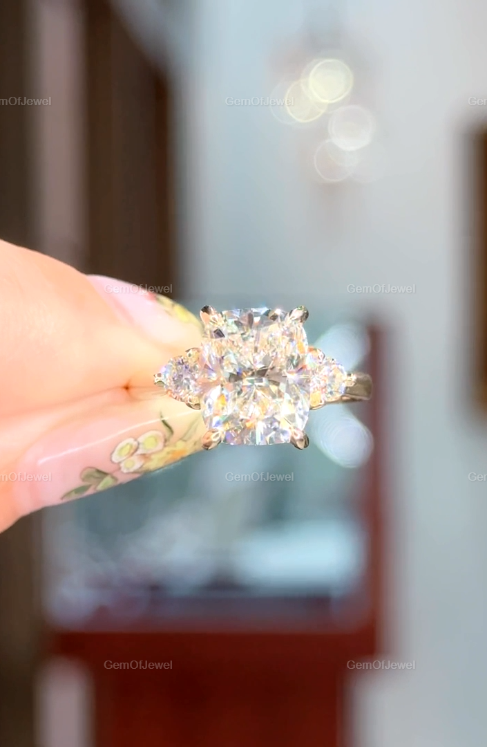 4CT Cushion Elongated Moissanite Three Stone Engagement Ring, Cushion Moissanite DIamond Ring, Wedding Ring With Side Round Moissanite Ring